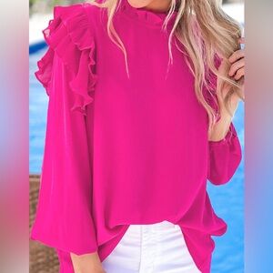 🔥🔥Rose Button Keyhole Back Pleated Ruffled Blouse